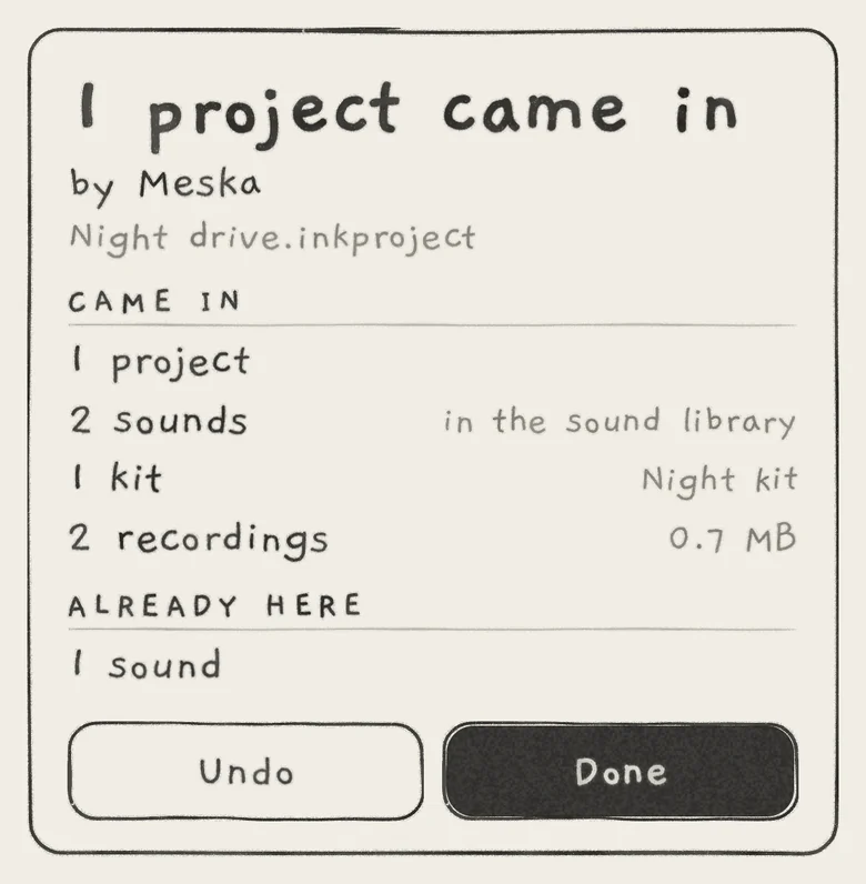 Night drive.inkproject imported: the project, two sounds and their kit came in; the third sound was already in the Library.