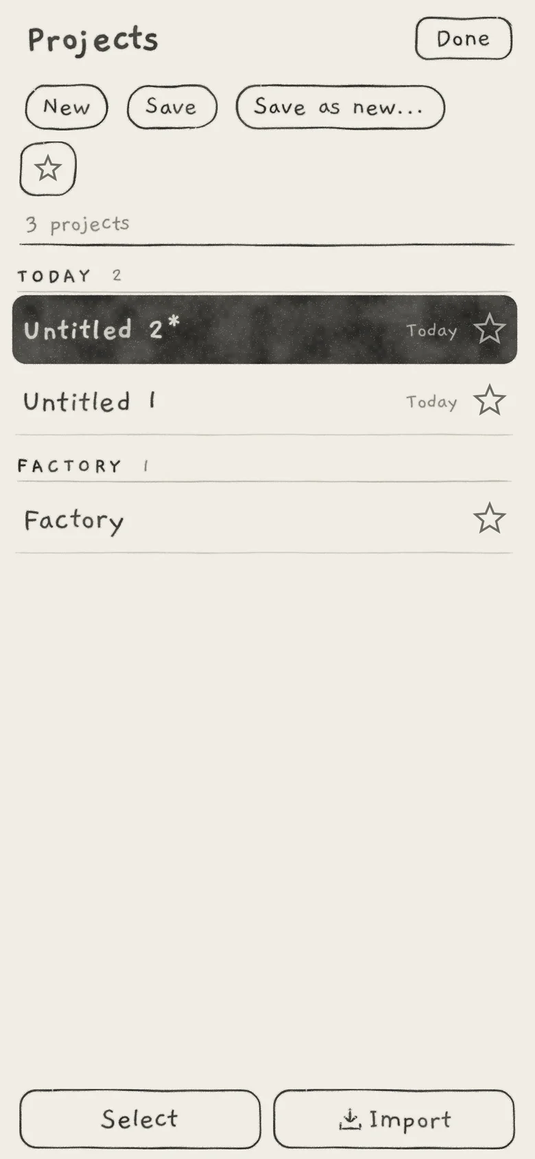 The Projects list with two projects of your own and Factory. Untitled 2 is open and changed.