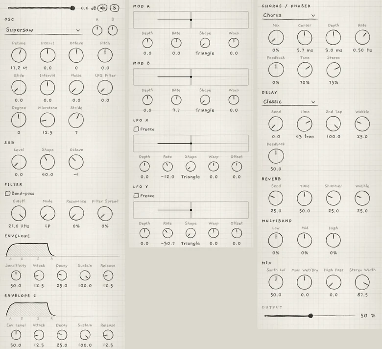 The Sound tab of Init, a Supersaw sound, from the engine strip to OUTPUT, in three columns.