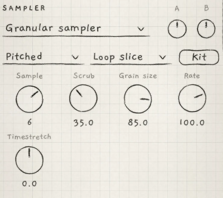 SAMPLER for the frozen atmosphere: Pitched, Loop slice, Scrub 35.0, Grain size 85.0, Timestretch 0.0.
