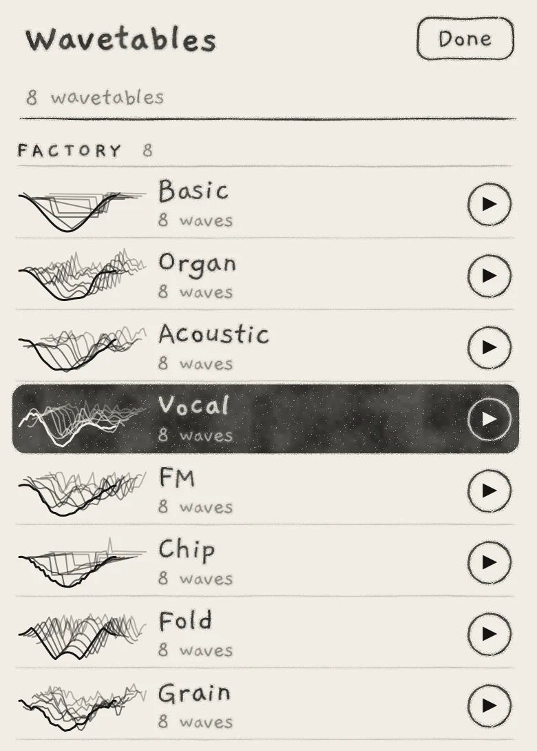 The Wavetables list with Vocal chosen.