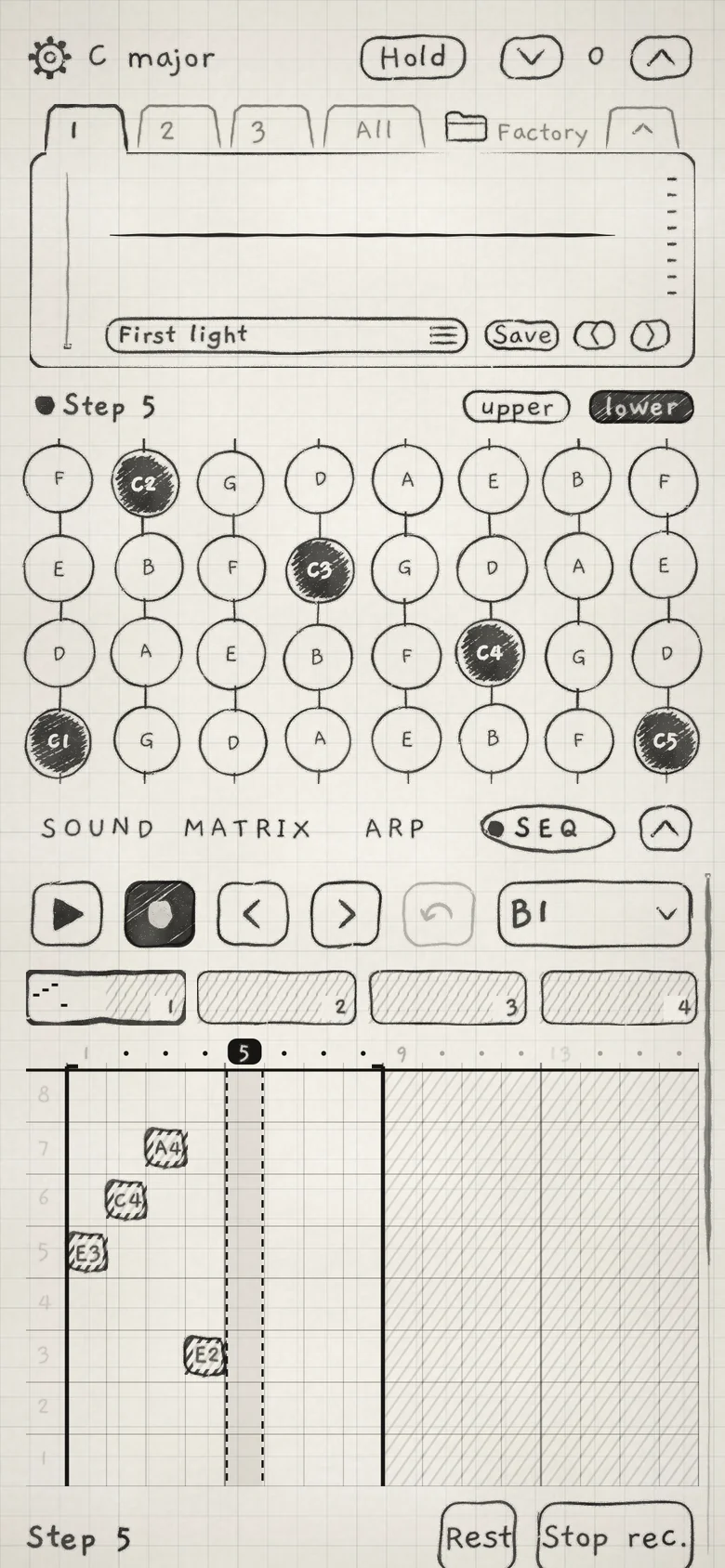 Step recording after four notes. The cursor waits at step 5.