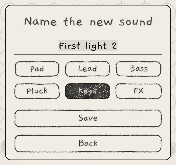 The name card of Save as new..., with the name and category of the current sound.