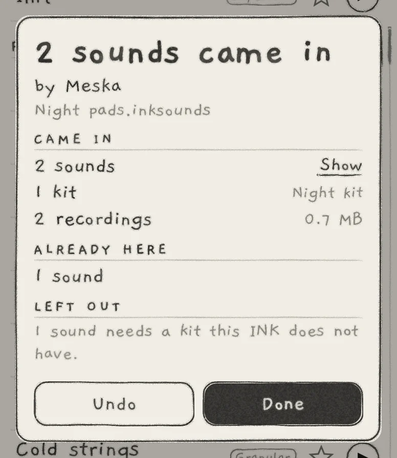 The result card after importing a pack with a kit: two sounds new, one already in the Library, one left out.