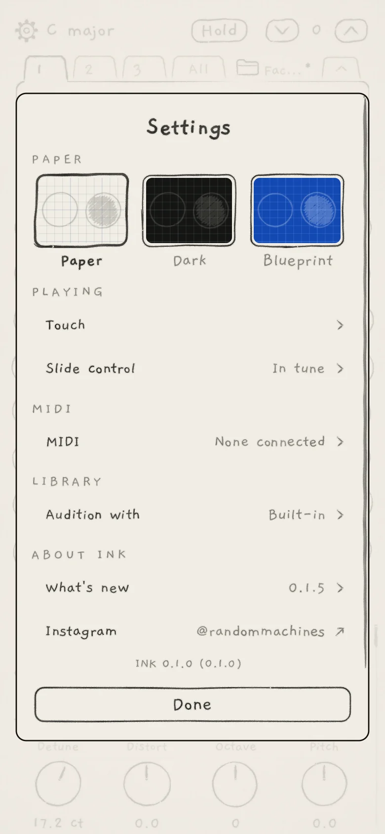 Settings' first page in the iPhone and iPad app: one MIDI row, None connected.