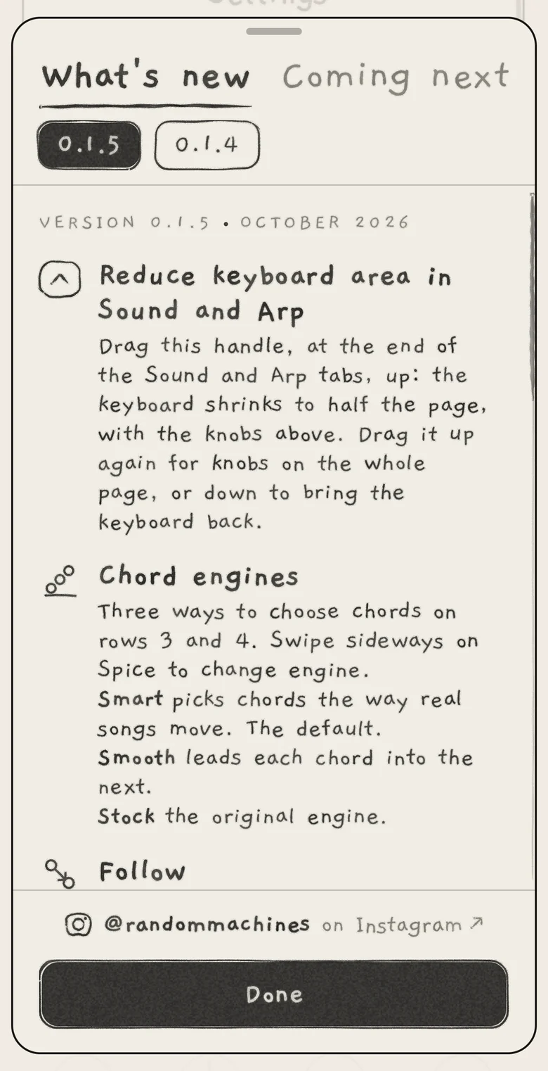 The What's new sheet opened from Settings, version 0.1.5 shown.