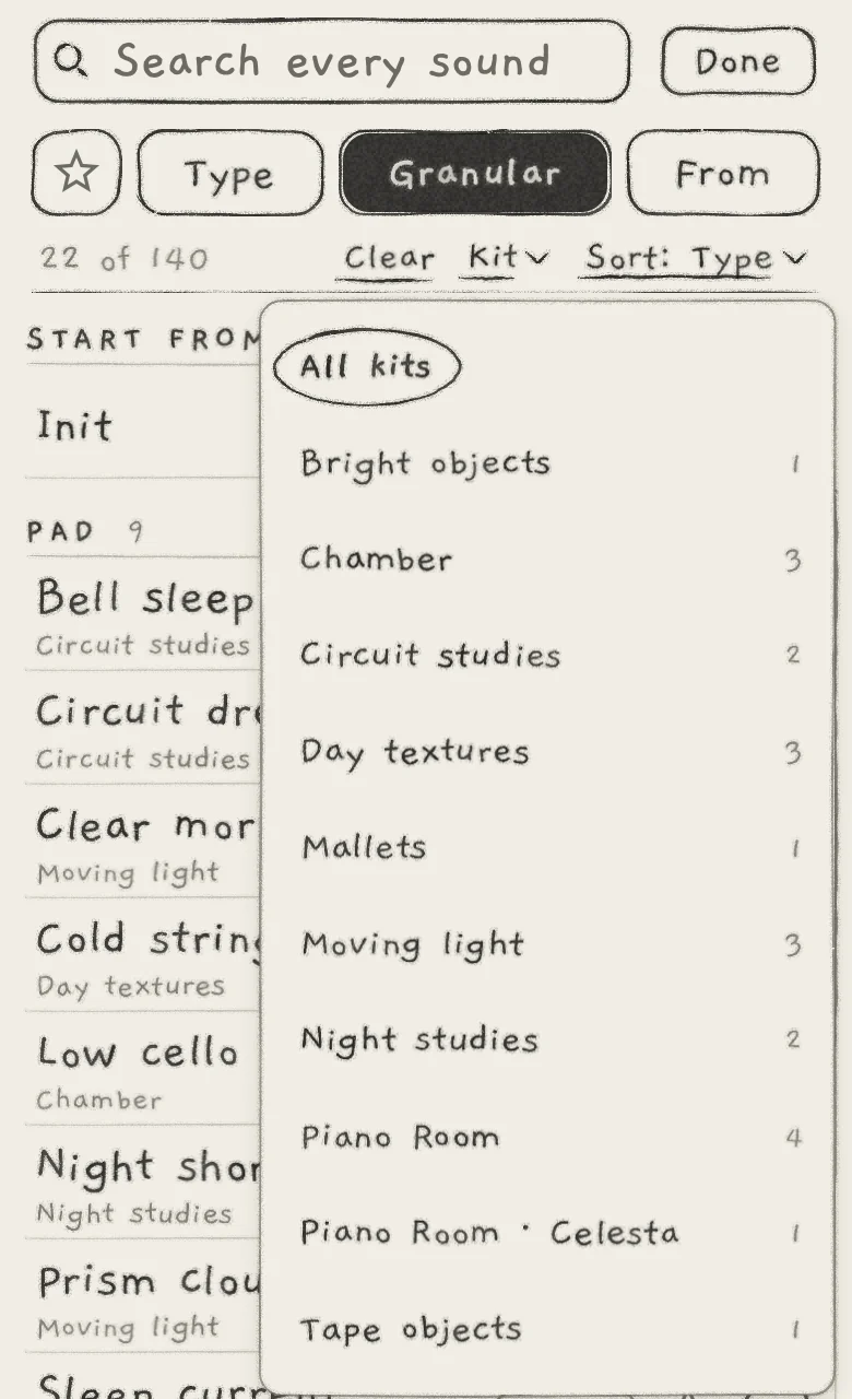 Engine set to Granular: the Kit link and its menu.
