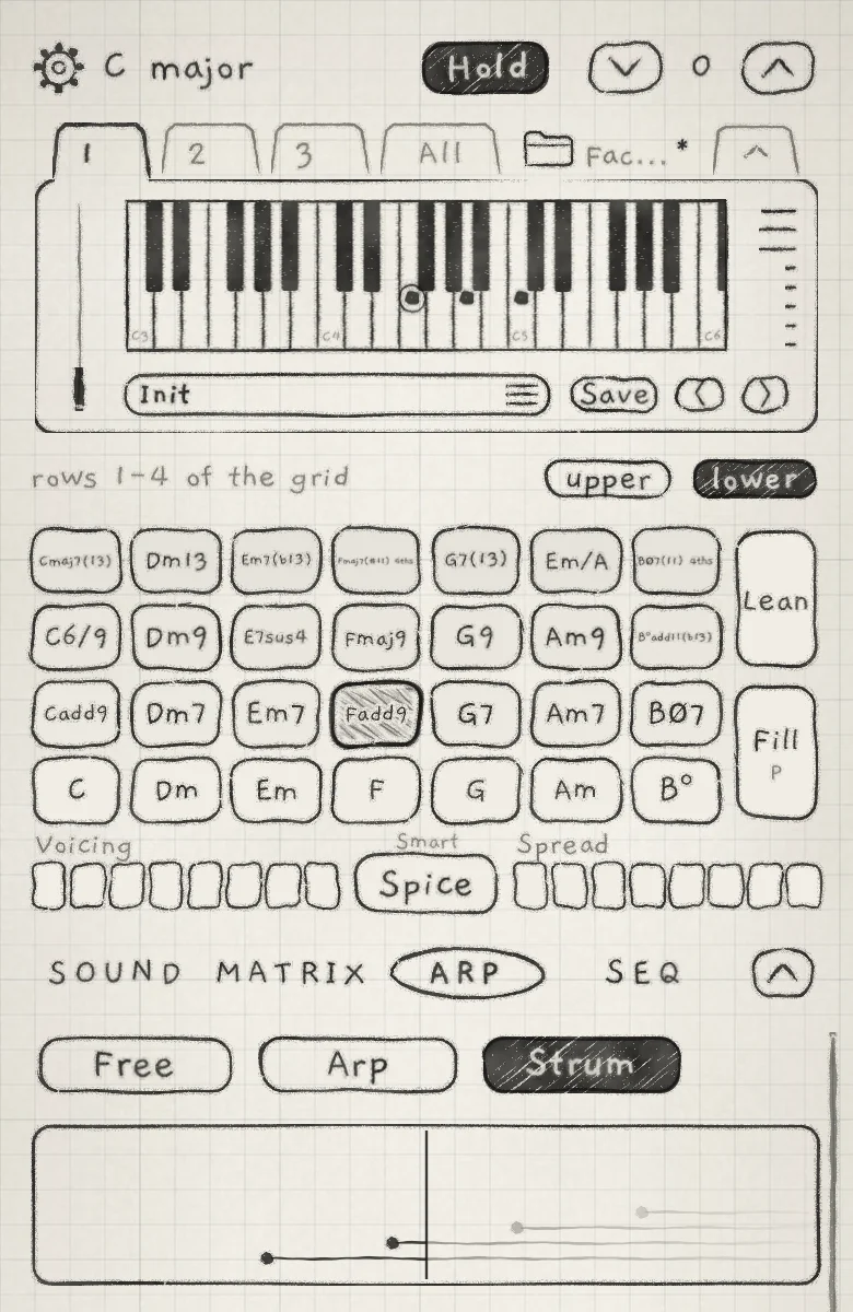 Fadd9 struck on Strum at 8/32, the chord piano open: two notes struck, two waiting.