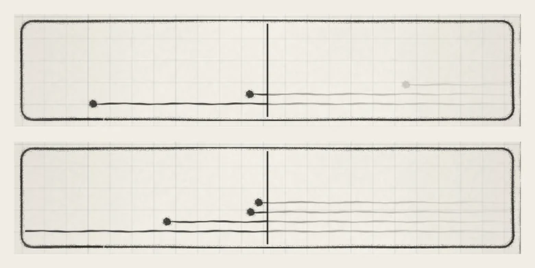 Top: a strum at 16/32 with two notes struck and one waiting. Bottom: a second strum of two higher notes at a fast free Division; the waiting note never enters.