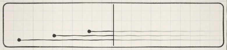 The trace on Strum: three notes at 8/32, each ringing on after its turn.
