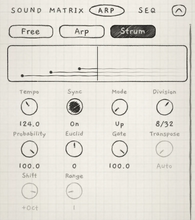 The Arp tab on Strum after three notes, Division 8/32. Transpose, Shift and Range are greyed.