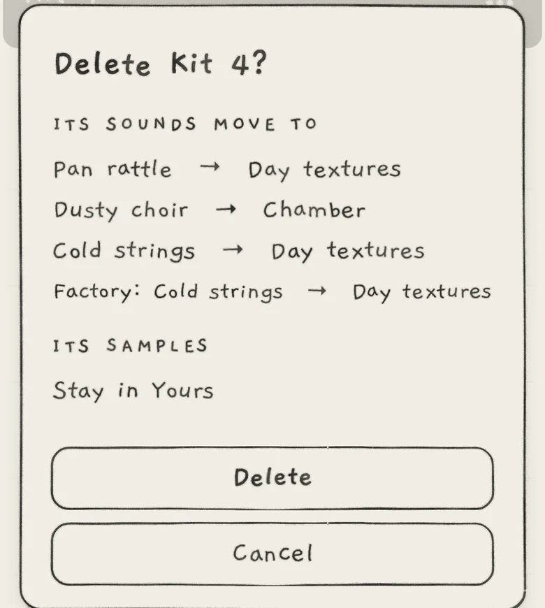 Deleting a user kit: where each of its sounds moves. Its samples stay in Yours.