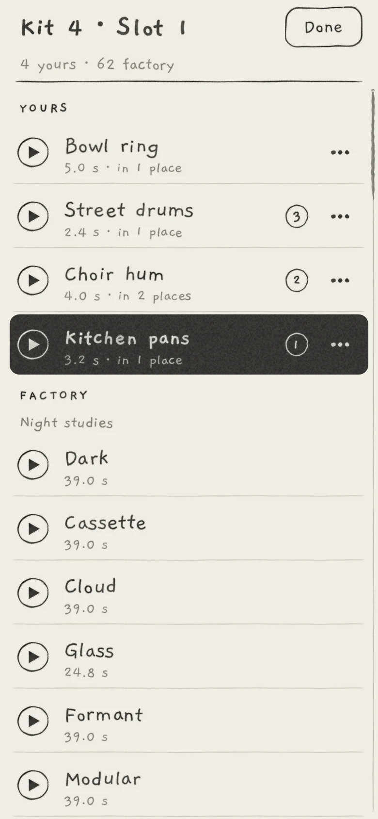 The sample list: YOURS newest first, then FACTORY grouped by kit.
