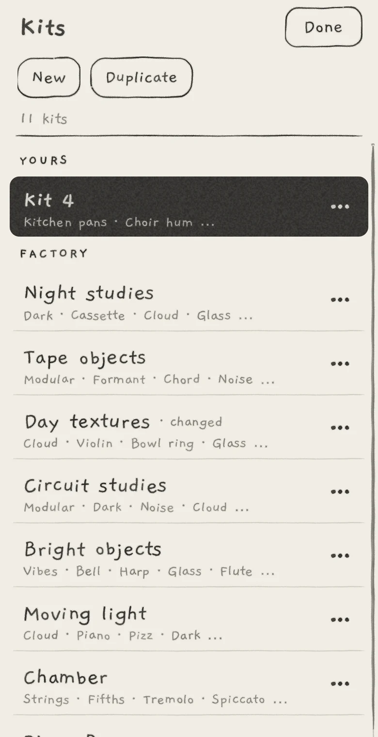 The Kits list with one user kit and a changed factory kit.
