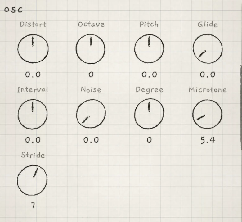 OSC on Cold strings, a Granular sampler sound: it starts at Distort and has no LPG Filter.