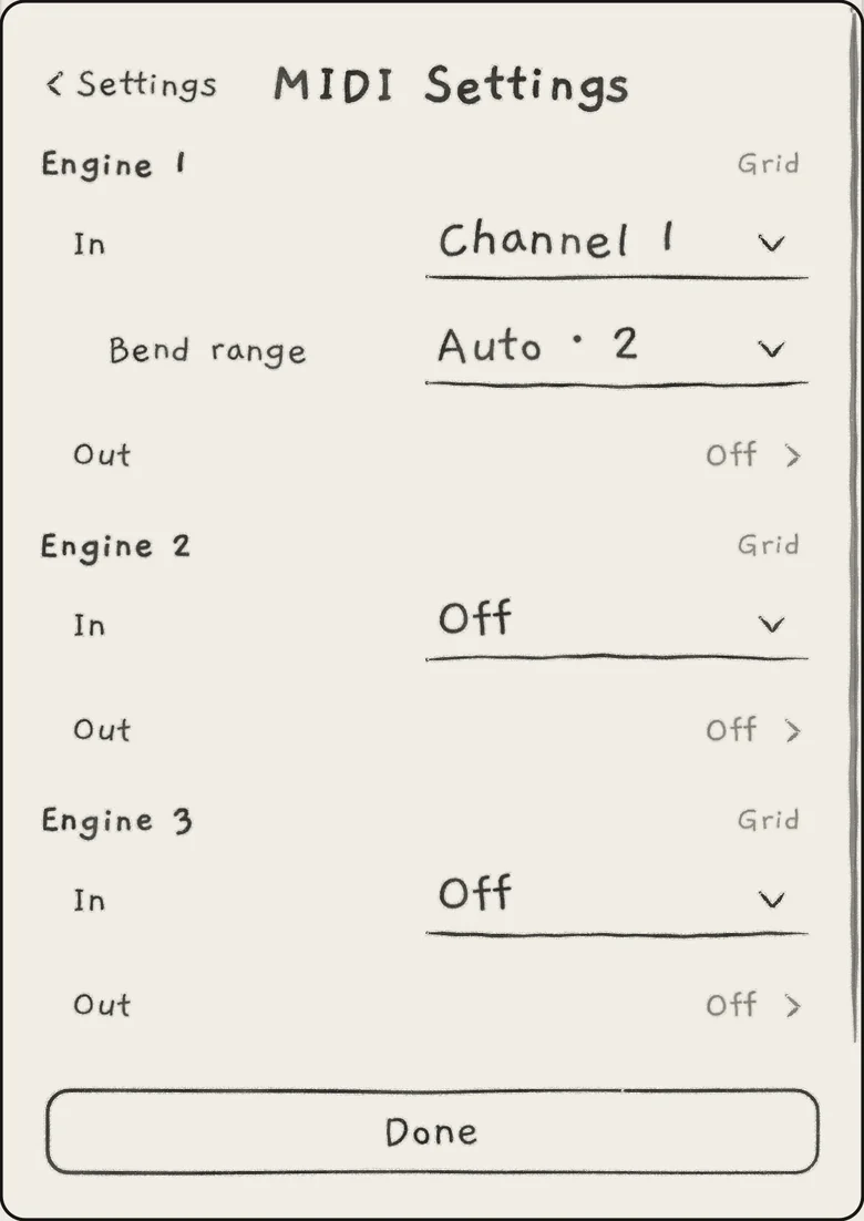 Settings › MIDI Settings with Engine 1 on Channel 1 and Engines 2 and 3 Off.