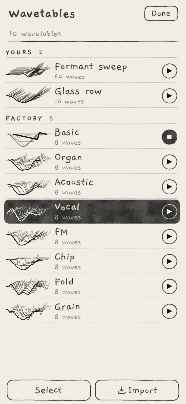 The Wavetables list with two tables of yours. Basic is auditioning; Vocal is the table the sound plays.