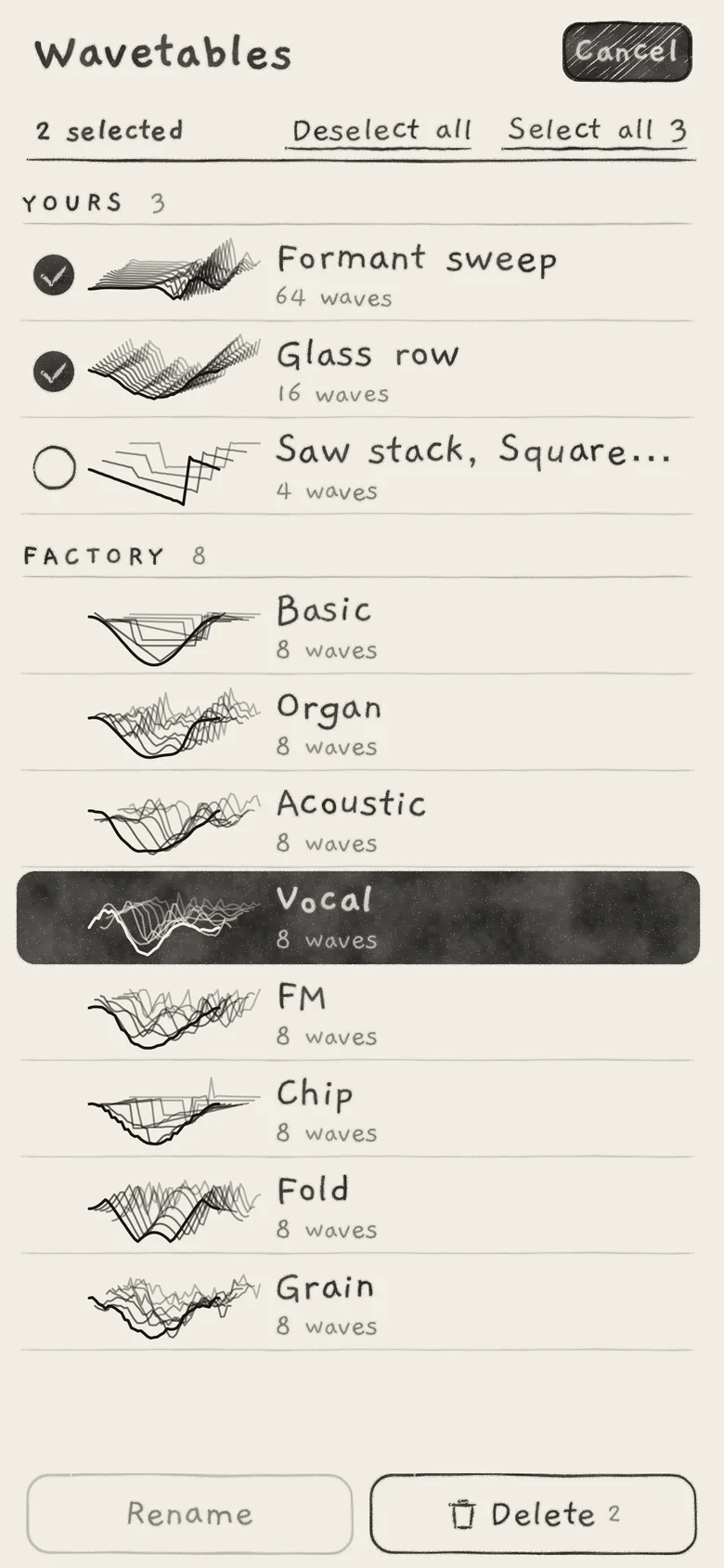 Select on a list with three tables of yours: two ticked, Rename greyed.