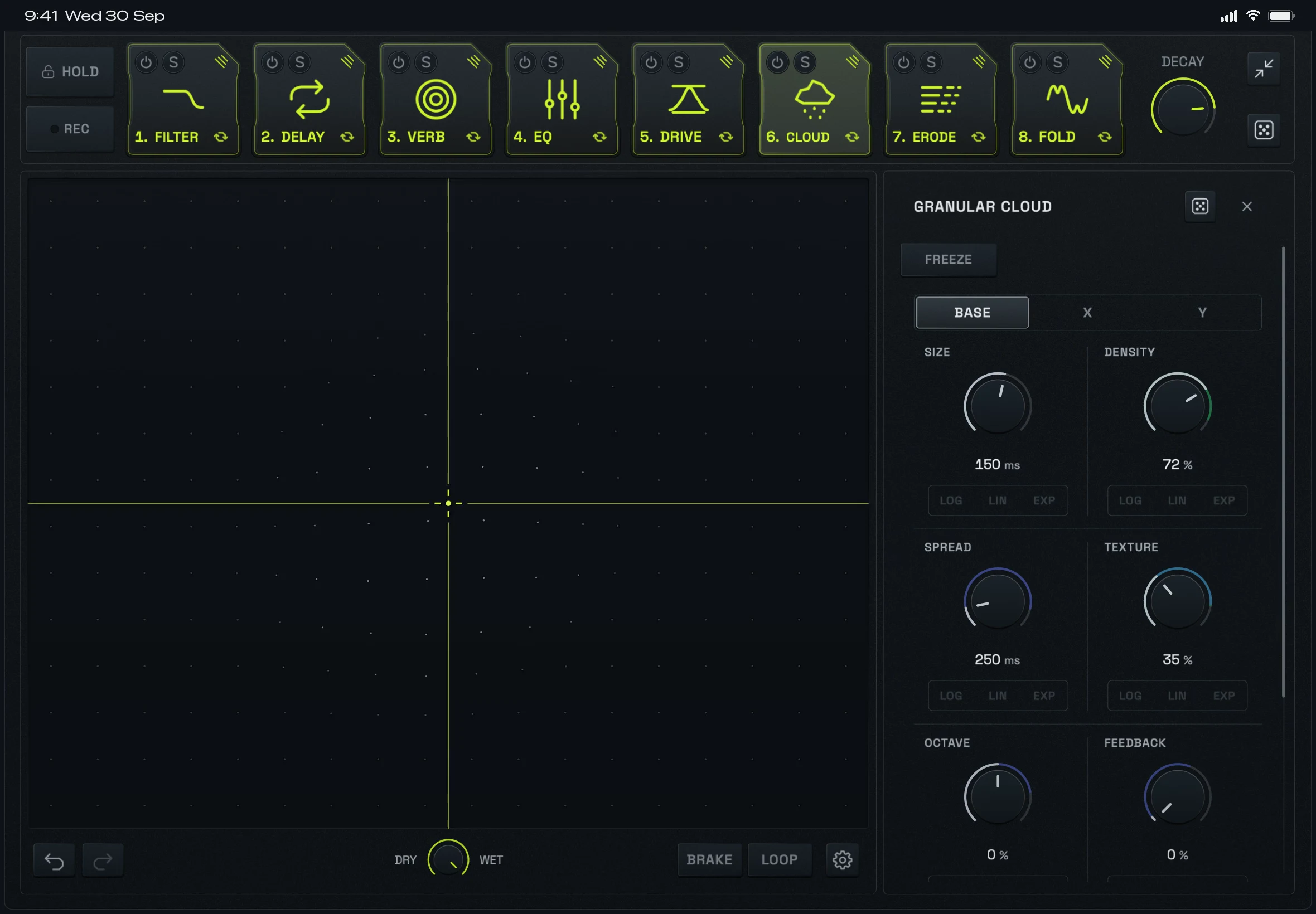 RMXY-1 on iPad: eight effect slots above the XY pad, with the Granular Cloud editor open.