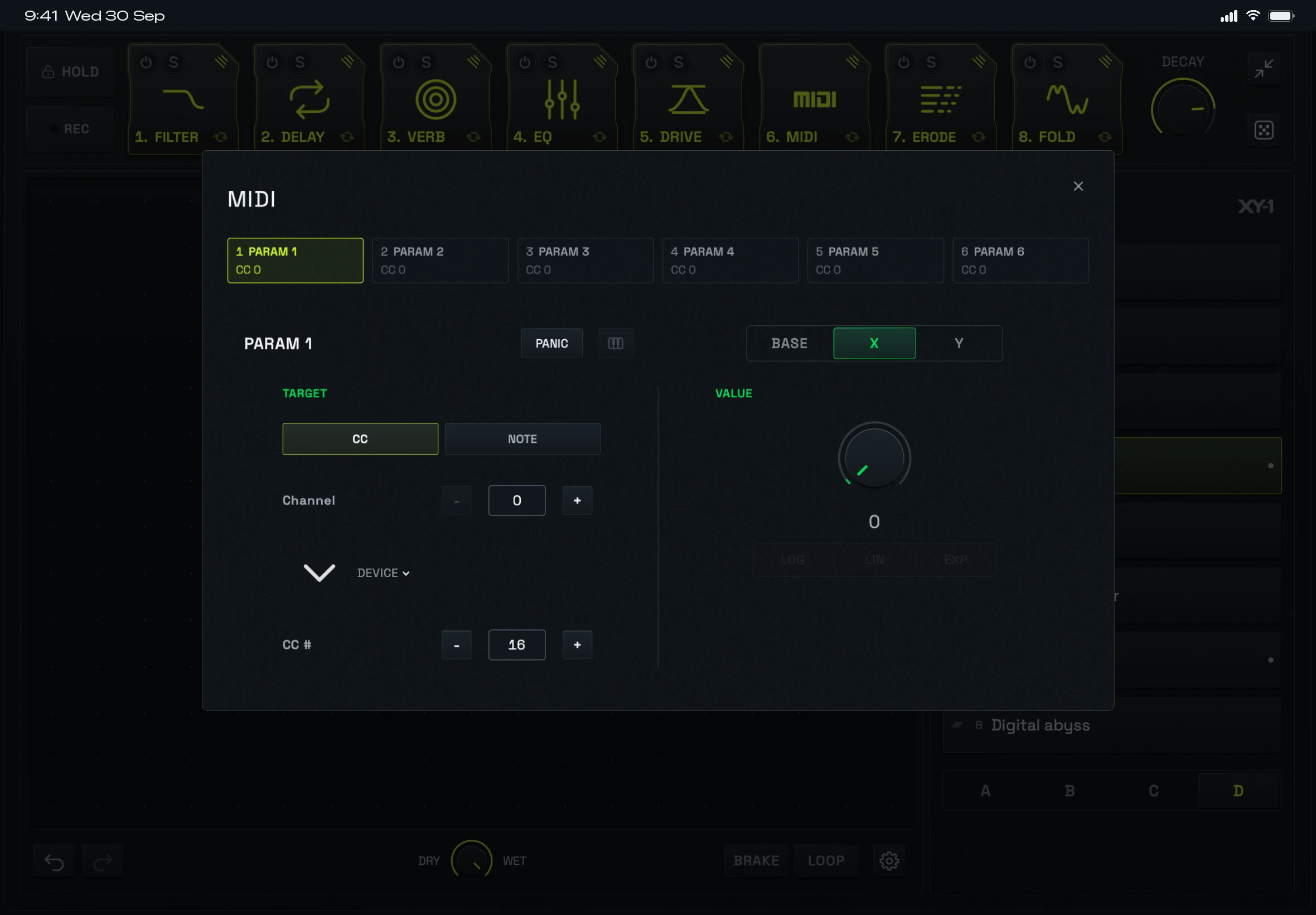 The MIDI editor on iPad with six lanes, each set to a CC or note target.